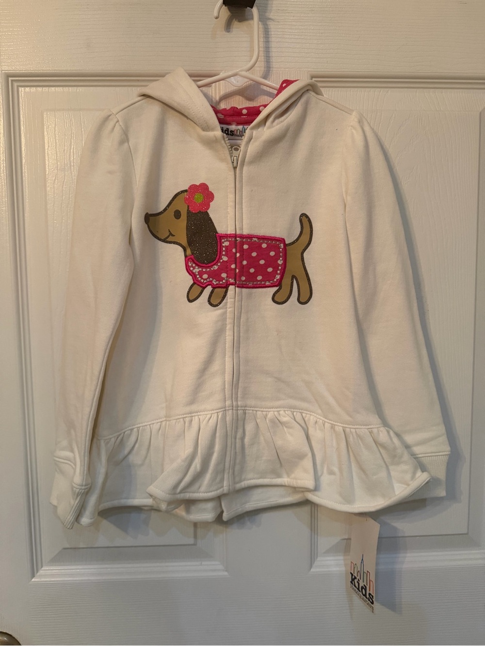 Kids White Hoodie with Pink Dog Applique With Matching Set Bottoms